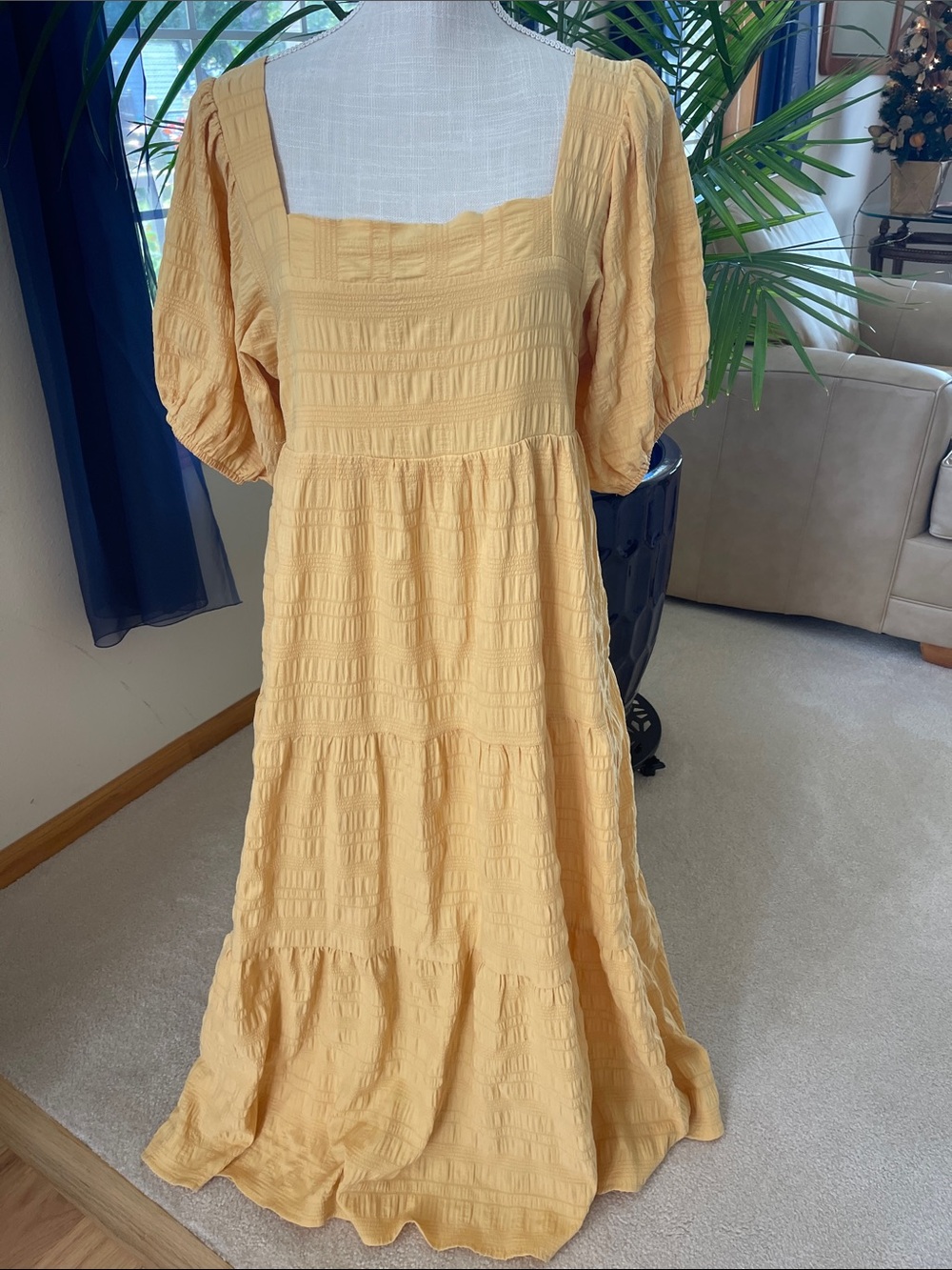 Smocked Square-Neck Maxi Dress in Pale Yellow